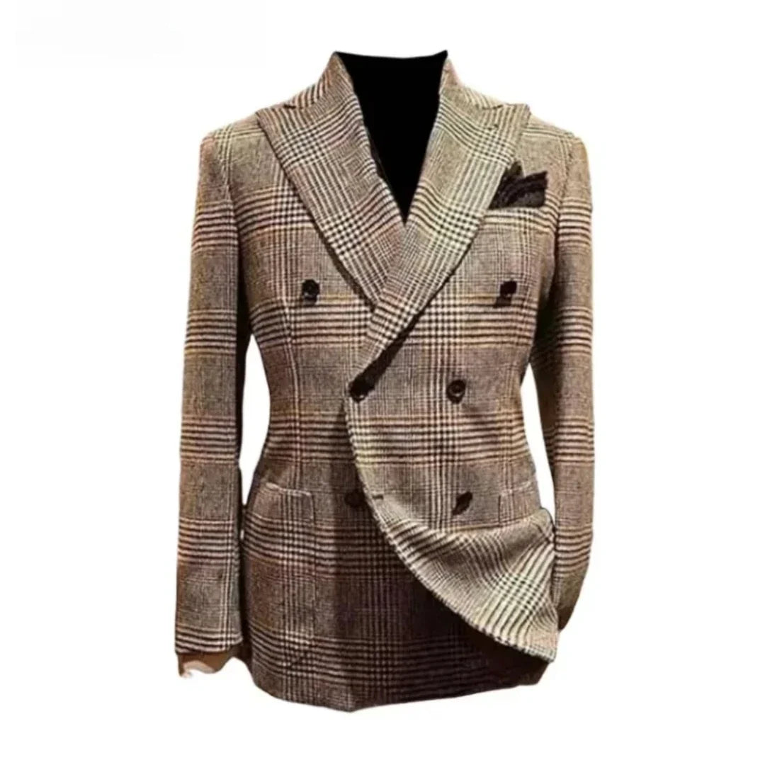 New Brown Houndstooth Blazer Wedding Tuxedo Smoking Double Breasted Jacket Men Suits Coat For Business Terno Winter Suits Blazer