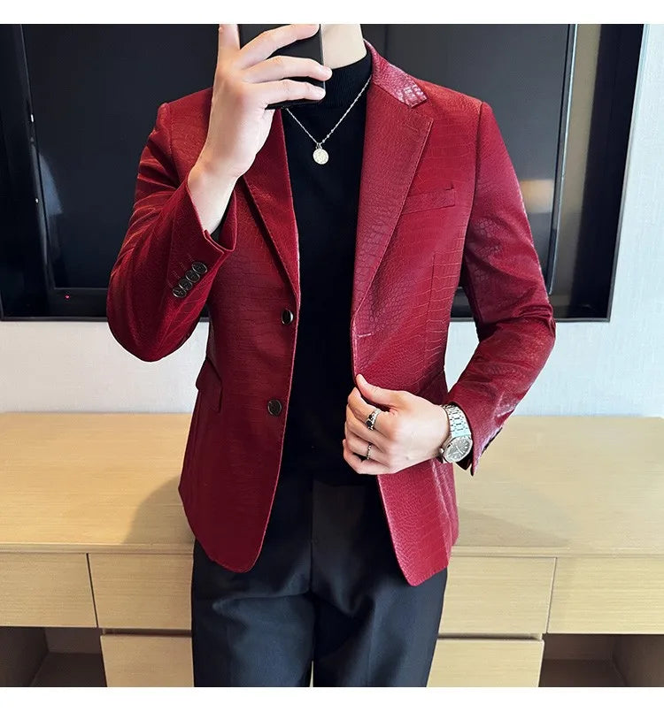 2026 Crocodile Patterned Leather Suit Jacket Men Slim Fit Business Casual Leather Jacket Wedding Groom Party Work Men Blazers
