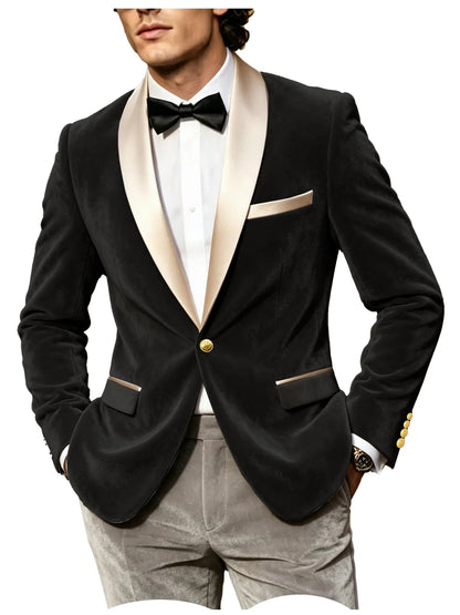 Men Velvet Tuxedo Jacket Champagne Satin Shawl Lapel Slim Fit Blazer Wedding Groom Party Prom Formal Western Dinner Suit Coat