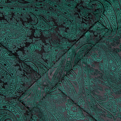 Men's Vest Tie Hanky Cufflinks Set – Black Green Jacquard Floral Paisley – Wedding & Banquet