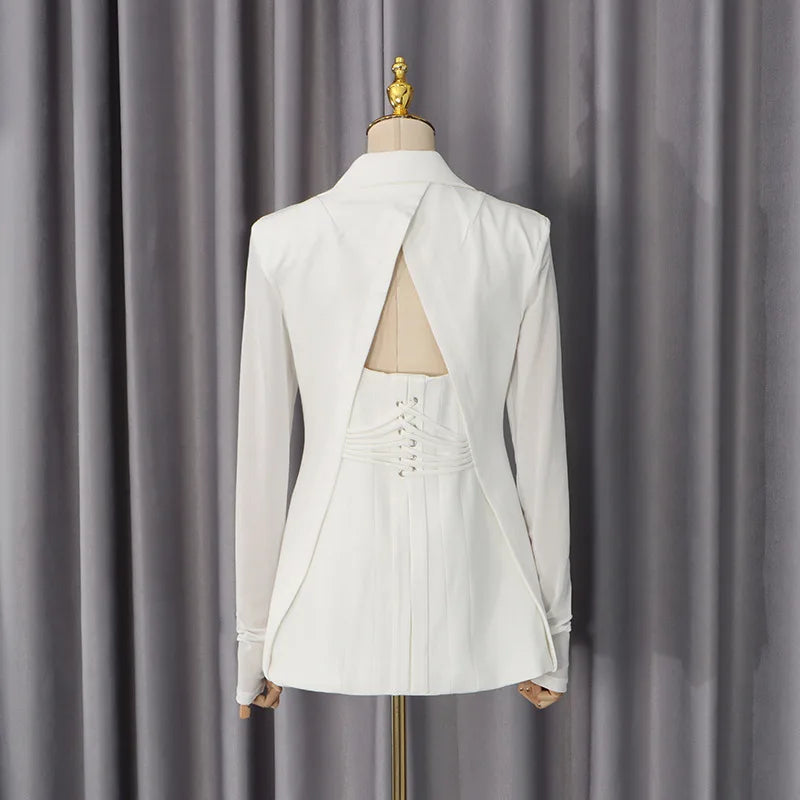 Women Blazer Sexy Hollow Out Backless Waist Cinching Slim Fit Solid Color Urban High-end Trend Jacket Spring Autumn HK21909