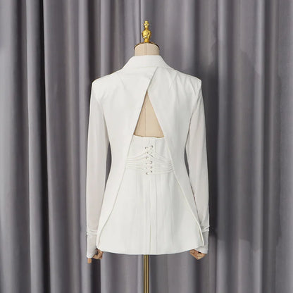 Women Blazer Sexy Hollow Out Backless Waist Cinching Slim Fit Solid Color Urban High-end Trend Jacket Spring Autumn HK21909