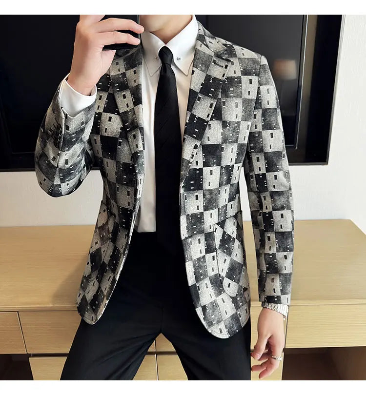 Korean Jacquard Denim Jacket for Men Autumn Winter Casual Business Men Blazers Slim Fit Wedding Social Dress Coat Men Clothing