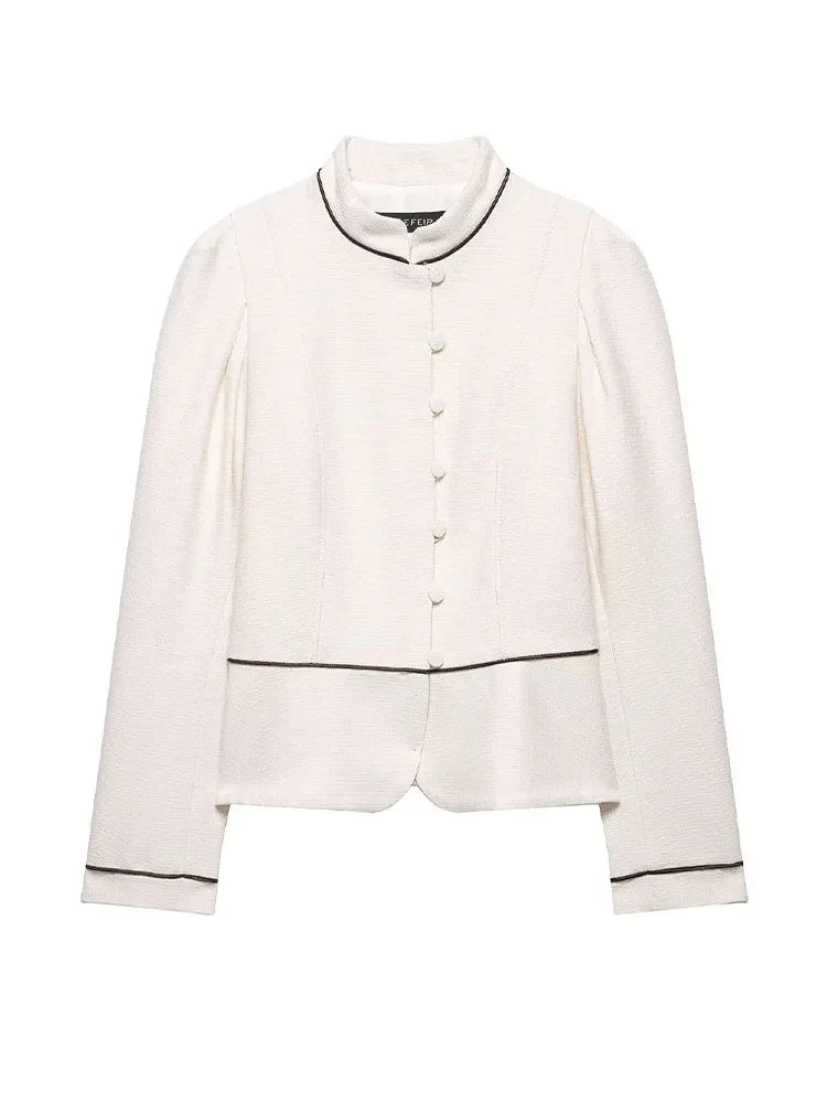 2026 Women Spring Elegant Single Breasted Stand Collar Long Sleeves Short Coat Woman Fashion Casual Beige Tweed Blazer Jacket