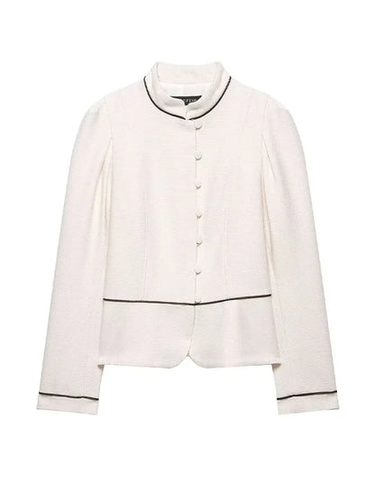 2026 Women Spring Elegant Single Breasted Stand Collar Long Sleeves Short Coat Woman Fashion Casual Beige Tweed Blazer Jacket