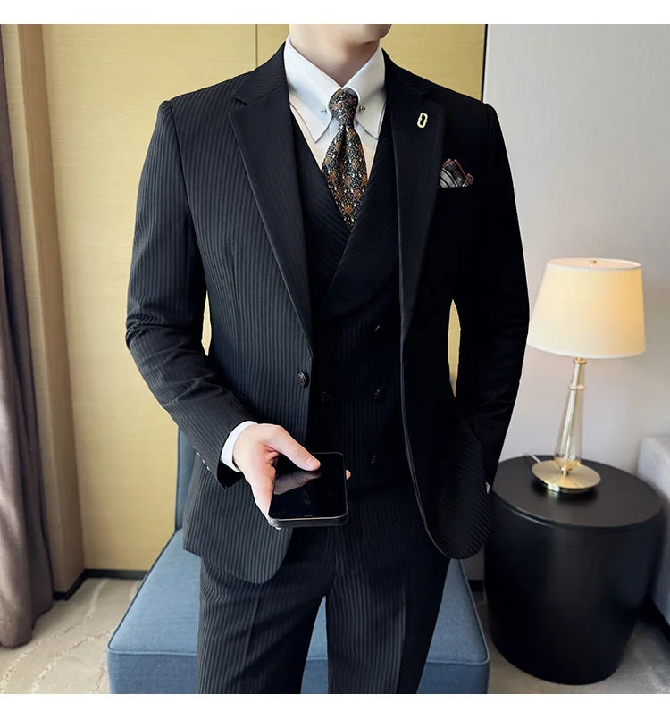 (Jackets+Pants+Vest) Luxury Stripe Men Suit Korean Version Fashion Elegant Slim Fit Tuxedo Formal Groom Wedding Social Suits