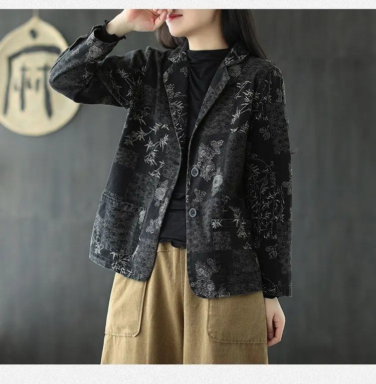 Women's Retro Chinese Style Denim Jacket Bamboo Flower Print Casual Loose Single Breasted Jean Blazer Women Vintage Outerwear