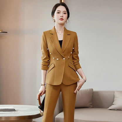 Office Lady Formal Blazer Pants Suits 2 Piece Matching Set Conjuntos Para Mujeres Plus Size Jacket Split Flare Pants Sets New