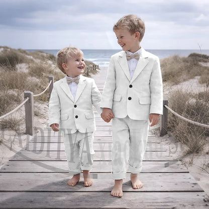 Beige Linen 2 Pieces Boys Suit Jacket Pants Kids Ring Bearer Outfit Breathable Summer Beach Wedding Birthday Party Costume