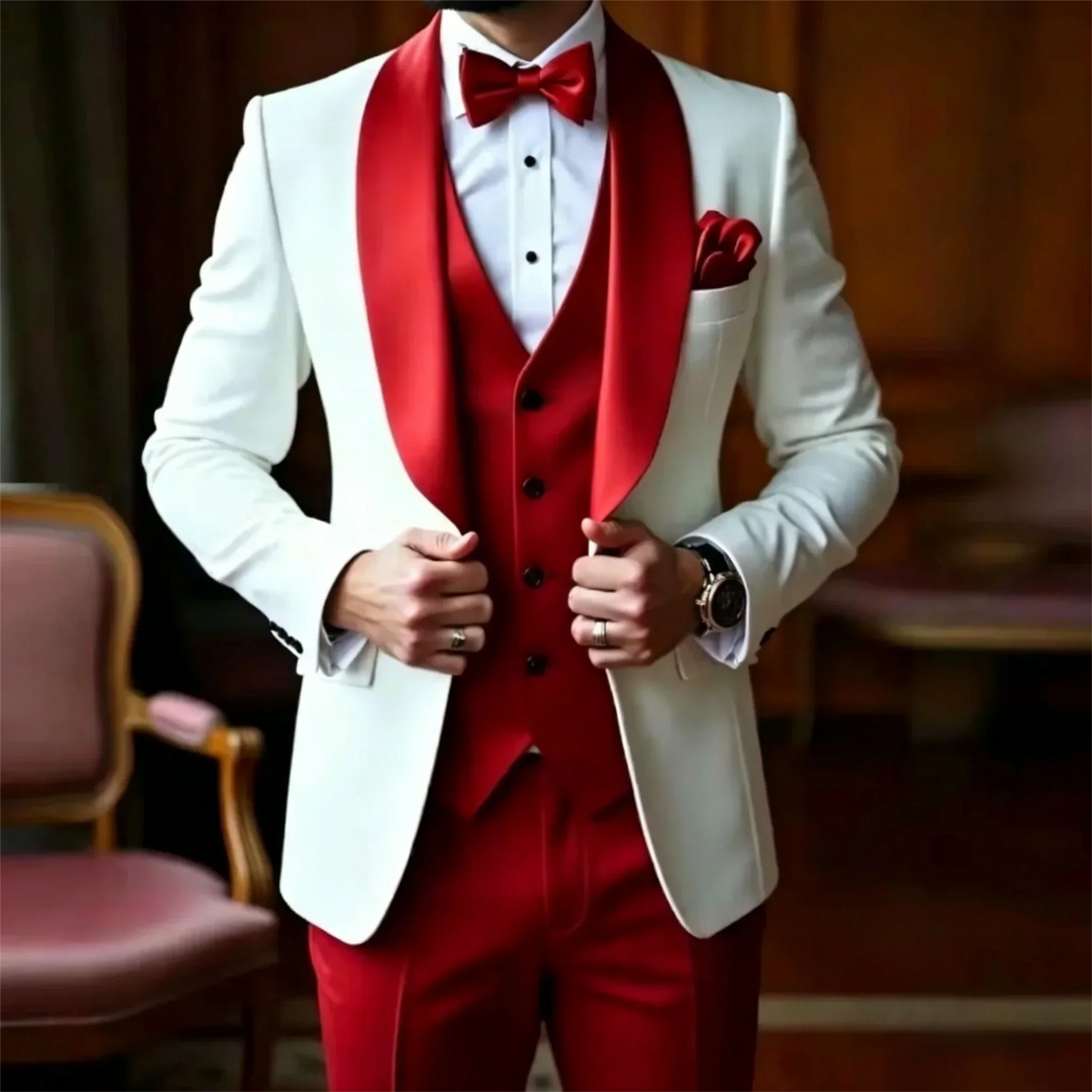 White And Red Men Suit Formal Occasion Groom Groomsman Wedding Party Prom Male Tuxedos 3 Piece Set Blazer+Vest+Pants