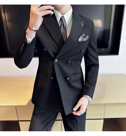 (Jackets +Pants ) Men's Suits 2 Piece High-Quality Double Breasted Lapel Solid Business Groom Wedding Tuxedo Banquet Clothing