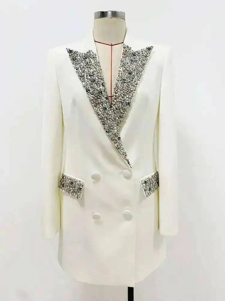 Trendy Fashion Women's Tide Handmade Gorgeous Blazer Heavy Industry Nail Bead Inlaid Diamond Slim Medium Length Coats H2699