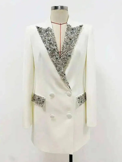 Trendy Fashion Women's Tide Handmade Gorgeous Blazer Heavy Industry Nail Bead Inlaid Diamond Slim Medium Length Coats H2699