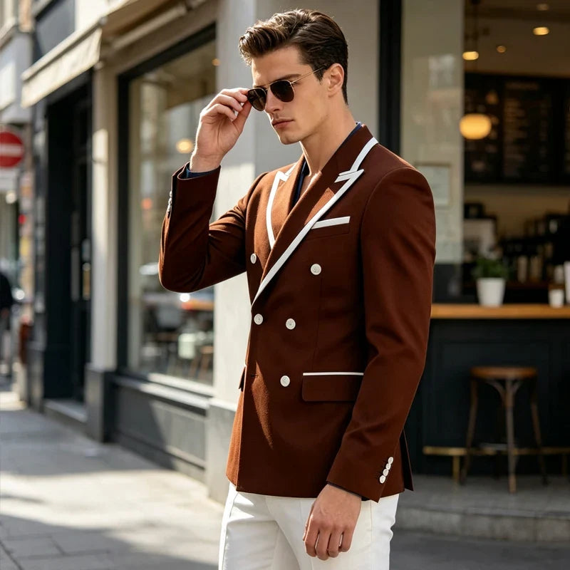 Double Breasted Slim Fit Blazer – Men's Formal Suit Jacket with White Contrast Piping