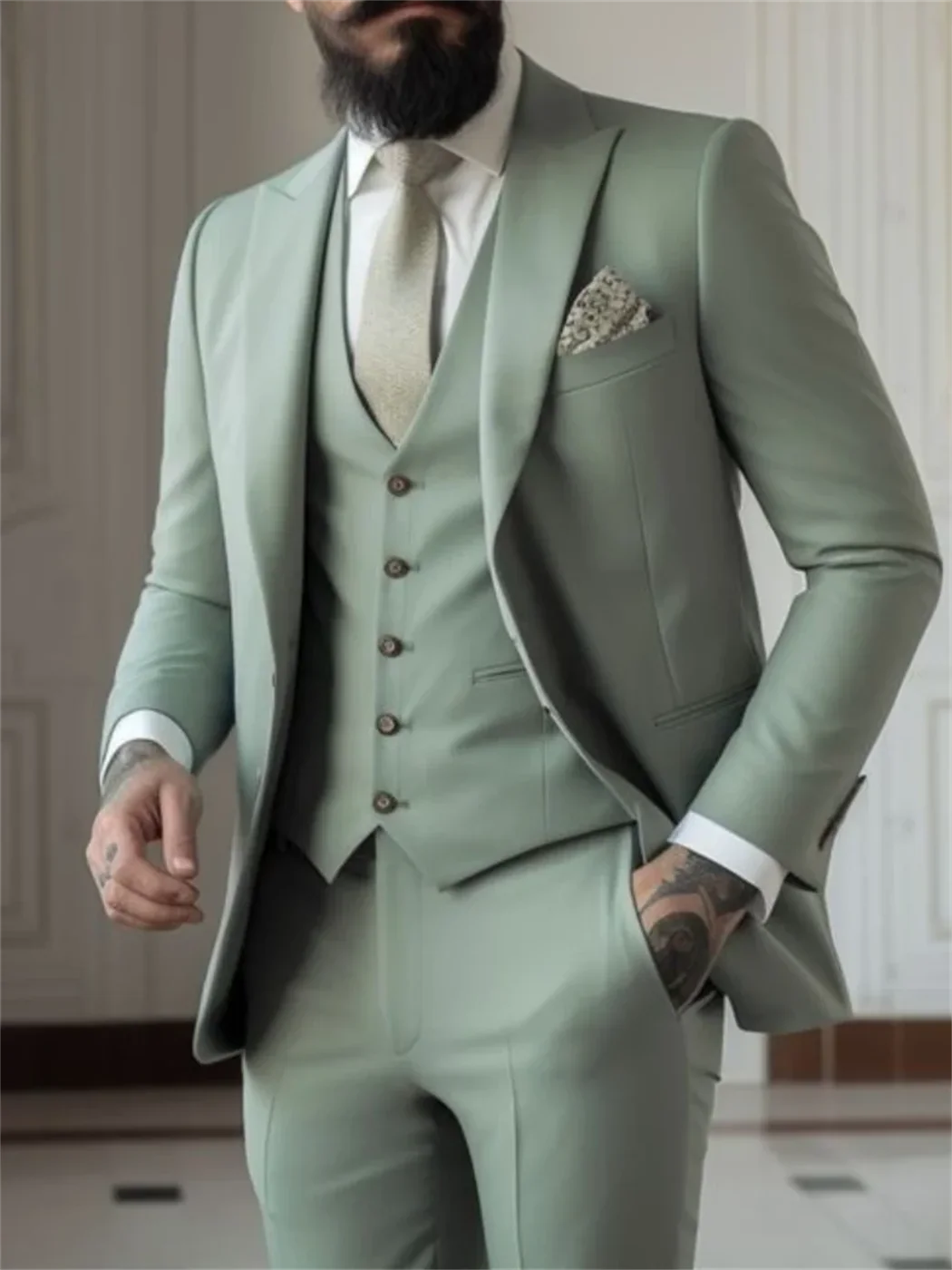Costumes 3 Pièces Vert Sauge pour Homme Coupe Ajustée (Veste+Gilet+Pantalon) Tuxedos de Mariage pour Marié Blazers Formels de Bal pour Homme