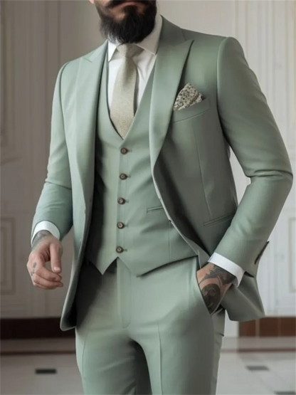 Costumes 3 Pièces Vert Sauge pour Homme Coupe Ajustée (Veste+Gilet+Pantalon) Tuxedos de Mariage pour Marié Blazers Formels de Bal pour Homme