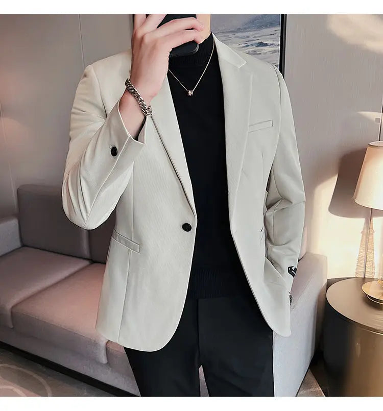 High-Quality Fashionable Men's Slim Fit Business Suit Jacket Autumn Wear Korean Style Pure Color Tweed High-End Feel