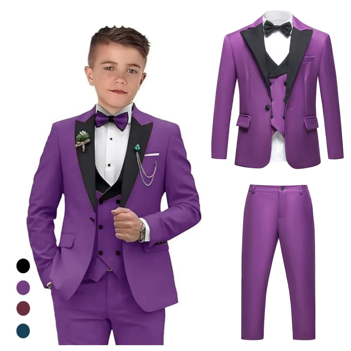 Boys 4-Piece Formal Suit Set for Kids Ages 3–14 | Solid Color Tuxedo with Blazer, Vest, Pants & Bow-Tie for Weddings & Special Occasions