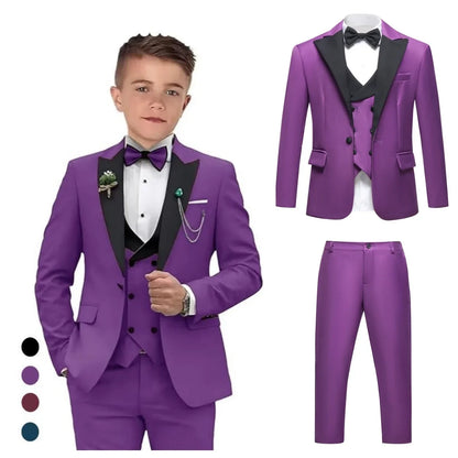 Boys 4-Piece Formal Suit Set for Kids Ages 3–14 | Solid Color Tuxedo with Blazer, Vest, Pants & Bow-Tie for Weddings & Special Occasions
