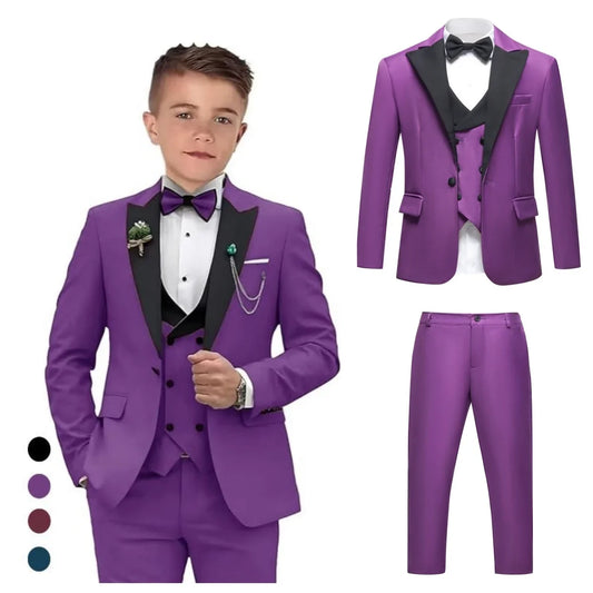 Boys 4-Piece Formal Suit Set for Kids Ages 3–14 | Solid Color Tuxedo with Blazer, Vest, Pants & Bow-Tie for Weddings & Special Occasions