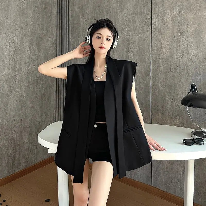 Women Black Blazer Vest Spring Autumn Casual Sleeveless Suits Jacket Female Korean All-Match Blazers Waistcoat Loose Outwear Top