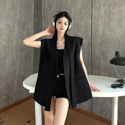 Women Black Blazer Vest Spring Autumn Casual Sleeveless Suits Jacket Female Korean All-Match Blazers Waistcoat Loose Outwear Top