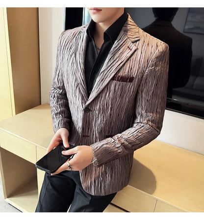 Korean Trend 3D Pleated Suit Jacket for Men Wedding Groom Business Dress Jacket Casual Banquet Party Host Blazer Masculino