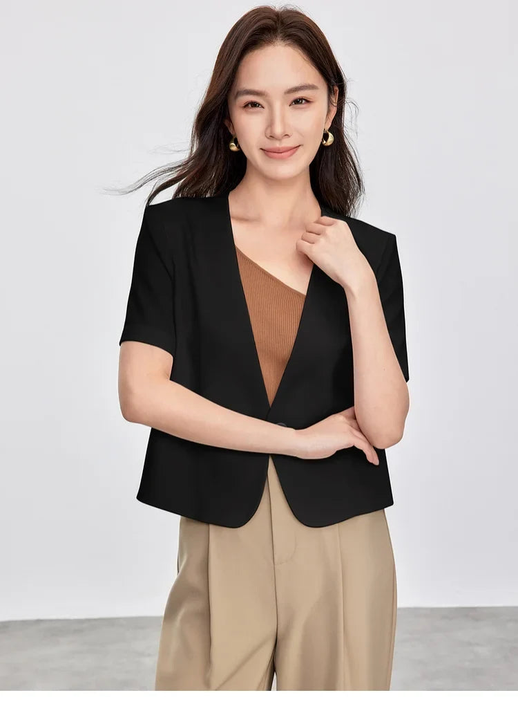 Solid Color Women's Jackets 2026 New Formal Cropped V Neck Single Button Short Sleeve Commuting Outerwear 152X87886