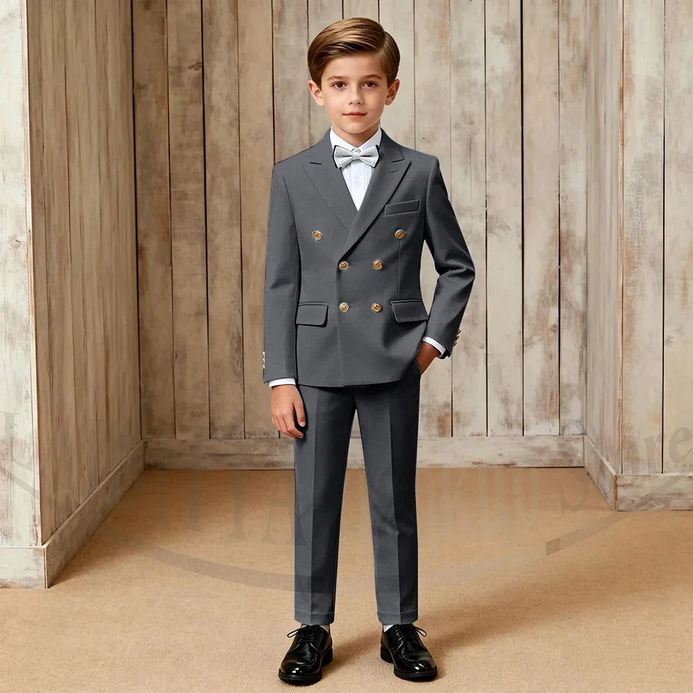 Chic Boys Suit Fashion Double Breasted Peak Lapel Wear Formal Wedding Party Prom Kids Elegant Gentleman Outfit 2 Piece Set