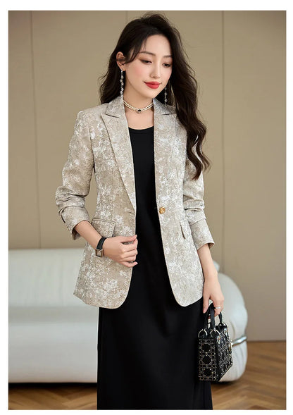 Fashion Apricot Printing Women Pant Suit Elegant Business Office Ladies 2 Piece Set Female Formal Blazer And Trouser