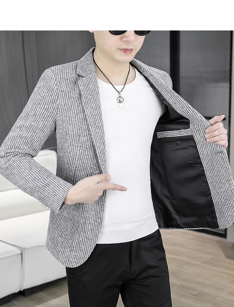 2025 Autumn Men's Casual Suit Jacket Fashion Slim Fit Striped Blazers Streetwear Social Business Versatile Formal Dress Coats