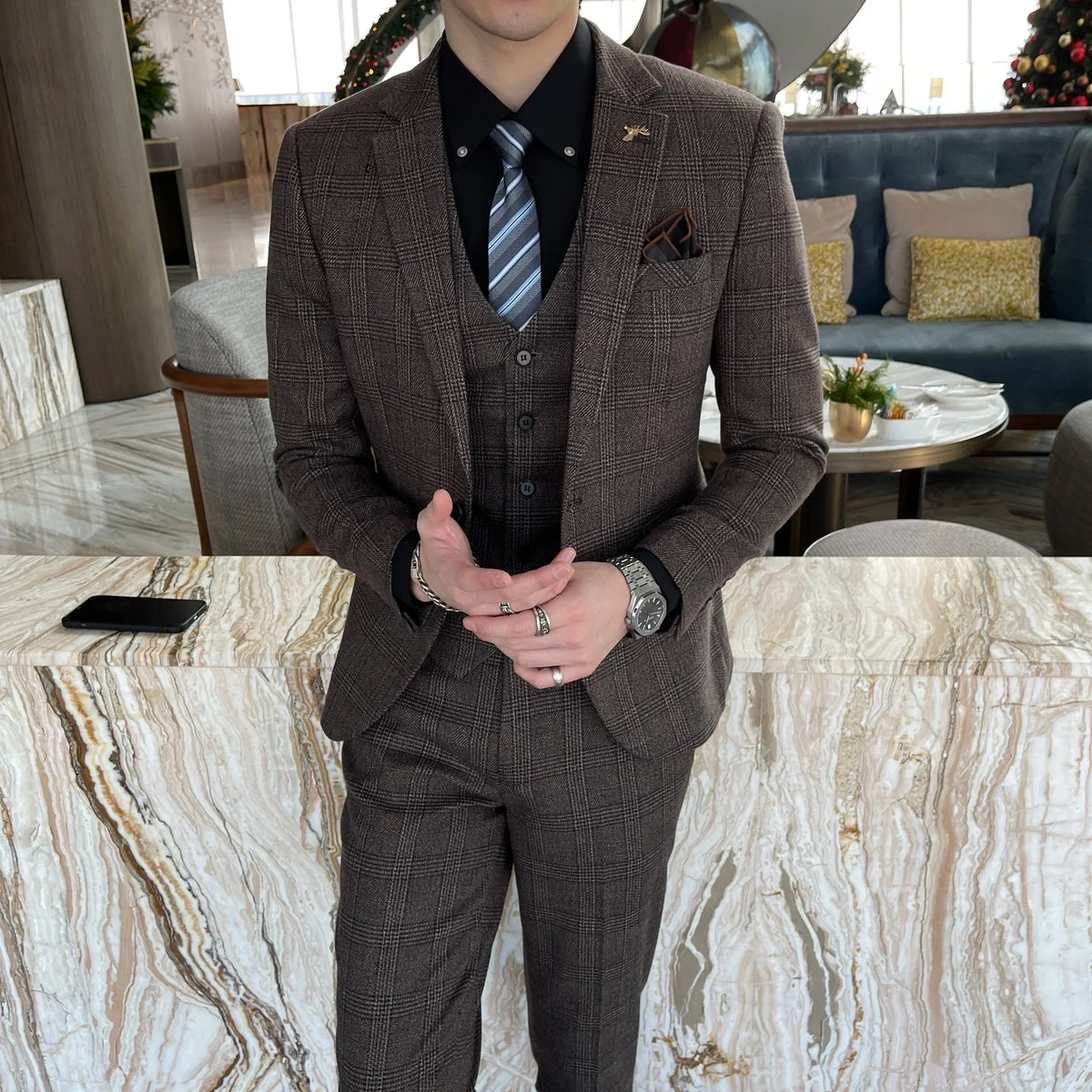 Ensemble costume trois pièces à carreaux modifié de haute qualité de style coréen britannique pour hommes - Gilet et pantalon de costume décontracté élégant