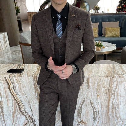 Ensemble costume trois pièces à carreaux modifié de haute qualité de style coréen britannique pour hommes - Gilet et pantalon de costume décontracté élégant