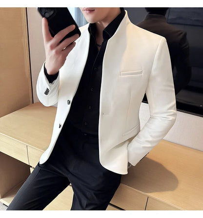 Waffle New Chinese Stand-Up Collar Suit Coats Men Slim Fit Business Casual Fashion Suits Jacket Formal Social Prom Party Tuxedos