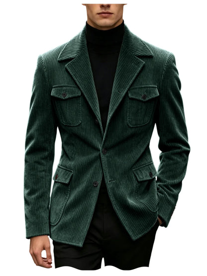Men's Corduroy Blazer Jacket Slim Fit Notched Lapel Casual Business Coat With Four Flap Pockets For Daily Work Streetwear
