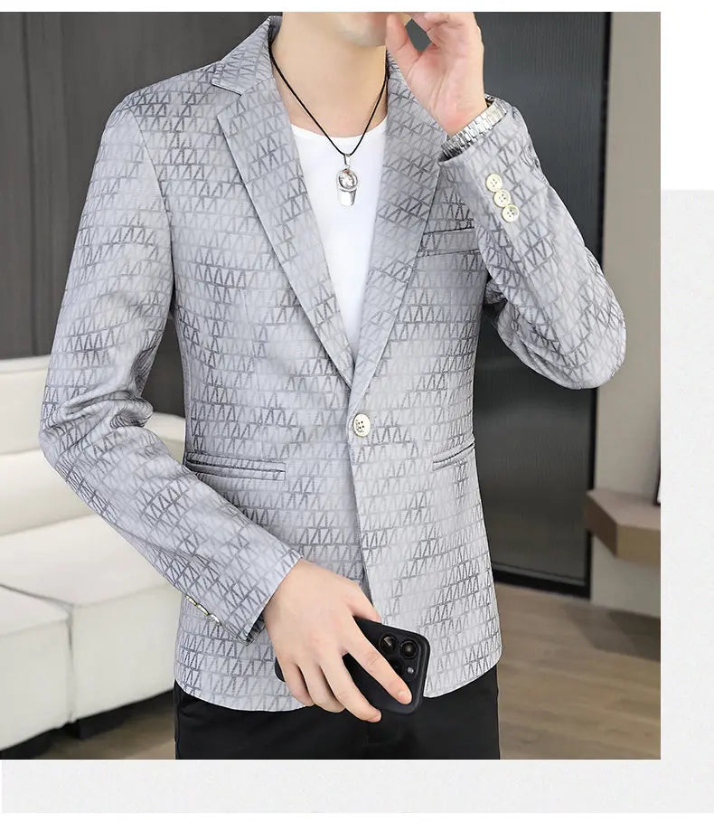 Korean Fashion Suit Jacket Men Slim Fit Geometric Printed Casual Business Blazers Autumn Social Groom Hairstylist Uniform Jacket