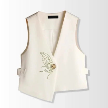 Retro Ladies Solid Color Sleeveless Coat Spring Autumn Women Fashion Embroidered Suit Waistcoat Top Female Irregular Vest Jacket