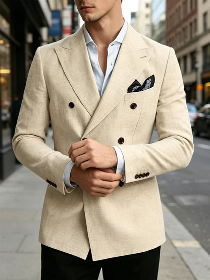 Men’s Linen Blend Suit Blazer Double Breasted Casual Peak Lapel British Style Jacket  Soft Breathable Men Suit For Summer Beach