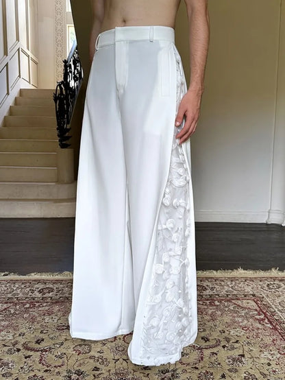 Mens Spliced Flowers Suit Jacket Wide Leg Pants Two Piece Set Loose Fit Spring Summer Designer Elegant Fashion Banquet Suits Set