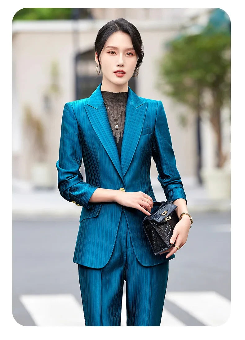 Professional Women's Suit2024New Autumn Green Striped Acetate Suit Workwear Elegant High-end Workplace Formal Wear