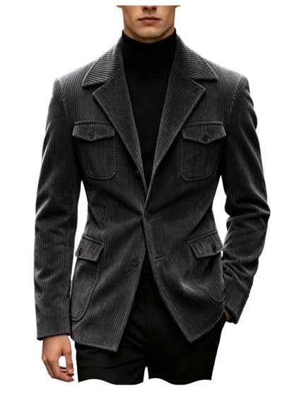 Men's Corduroy Blazer Jacket Slim Fit Notched Lapel Casual Business Coat With Four Flap Pockets For Daily Work Streetwear