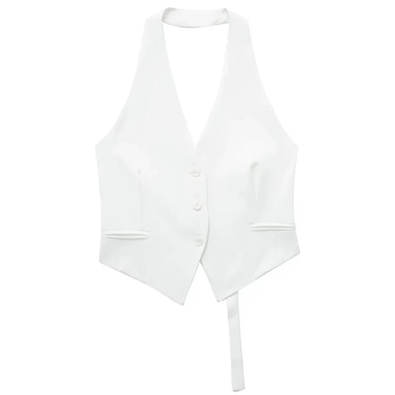 Halter Formal Vests Woman Off Shoulder Women's Suit Vest Backless Black White Short Vest Casual Cropped Sleeveless Vest