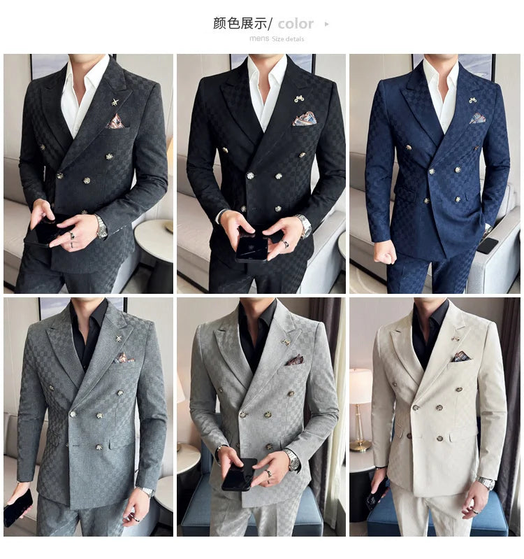 (Jacket+Pants)Luxury Checkered Double Breasted Suit  2 Pieces Fashion Business Slim Fit Social   Formal Suit Evening Dress 5XL-M