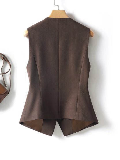 Short V-Neck Suit Vest for Women, Spring and Autumn Slant-Buttoned Top, Perfect for Office Wear and Versatile Vest