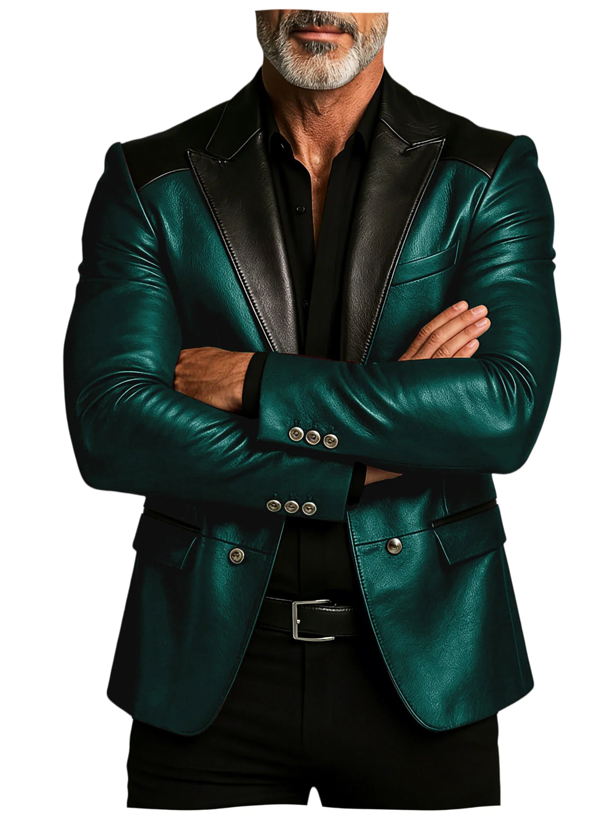 Men's PU Leather Blazer Patchwork Double Breasted Flap Pockets Notched Lapel Slim Fit Business Casual Suit Jacket Male Outerwear