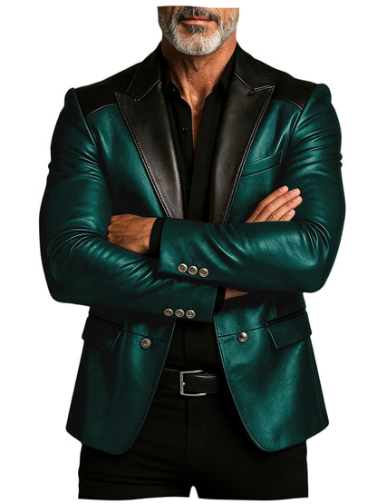 Men's PU Leather Blazer Patchwork Double Breasted Flap Pockets Notched Lapel Slim Fit Business Casual Suit Jacket Male Outerwear