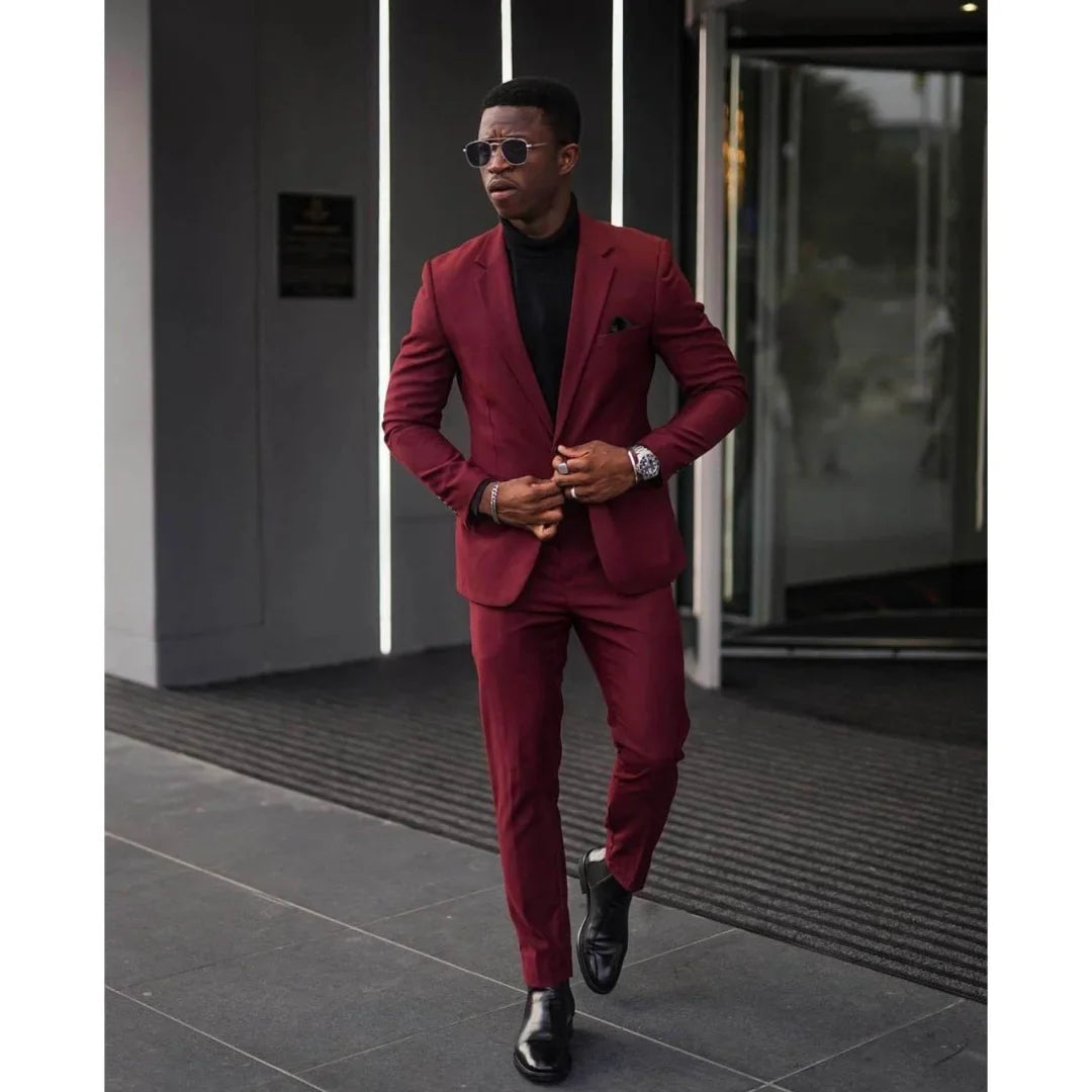 Suit for Men Burgundy Notched Lapel Set 2 Piece ( Coat+pants）Wedding Groomsmen Tuxedos Slim Fit Blazer Hombre 2023 Costume Homme