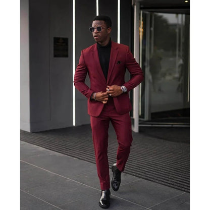 Suit for Men Burgundy Notched Lapel Set 2 Piece ( Coat+pants）Wedding Groomsmen Tuxedos Slim Fit Blazer Hombre 2023 Costume Homme