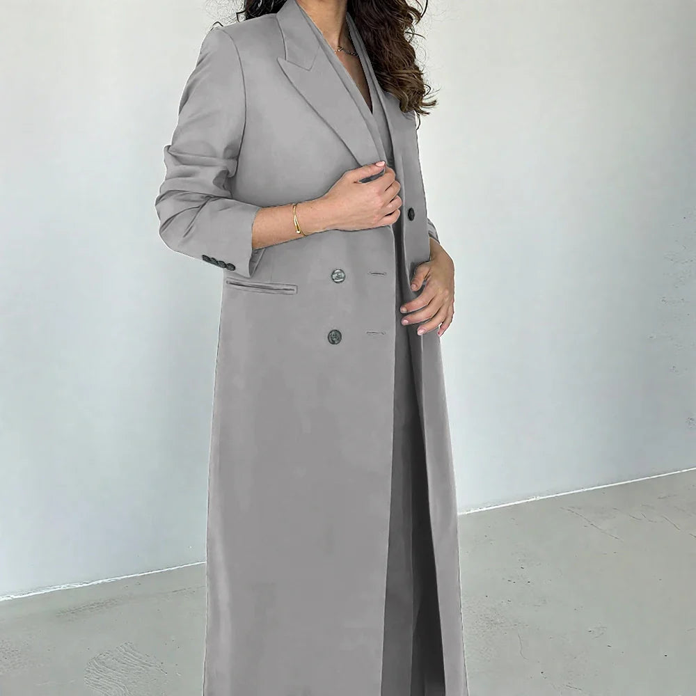 Gray Women Pants Sets 3 Piece Gorgeous Peak Lapel Double Breasted Solid Outfits Fashion Formal X-Long Suits (Blazer+Vest+Pants)