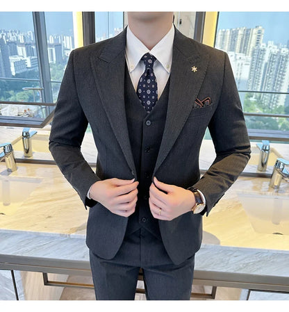 (Blazer + Vest + Trousers) 2024 New Men Formal Business Solid Suit 3 Pieces Set Italian Style Luxury Wedding Social Party Tuxedo